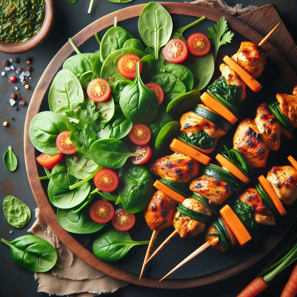 Carrot and Parsley Chicken Thigh Skewers with Spinach Salad