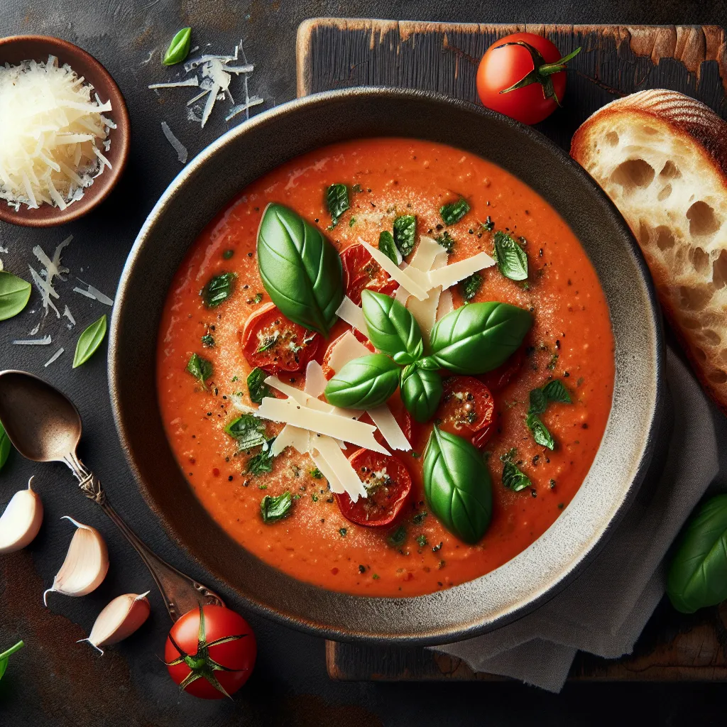 Creamy Tomato Basil Parmesan Soup with Roasted Garlic