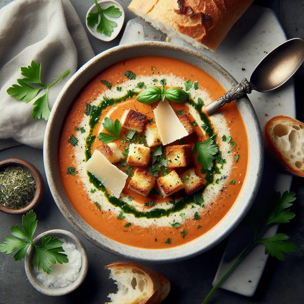 Creamy Tomato Basil Parmesan Soup with Roasted Garlic and Herbed Croutons