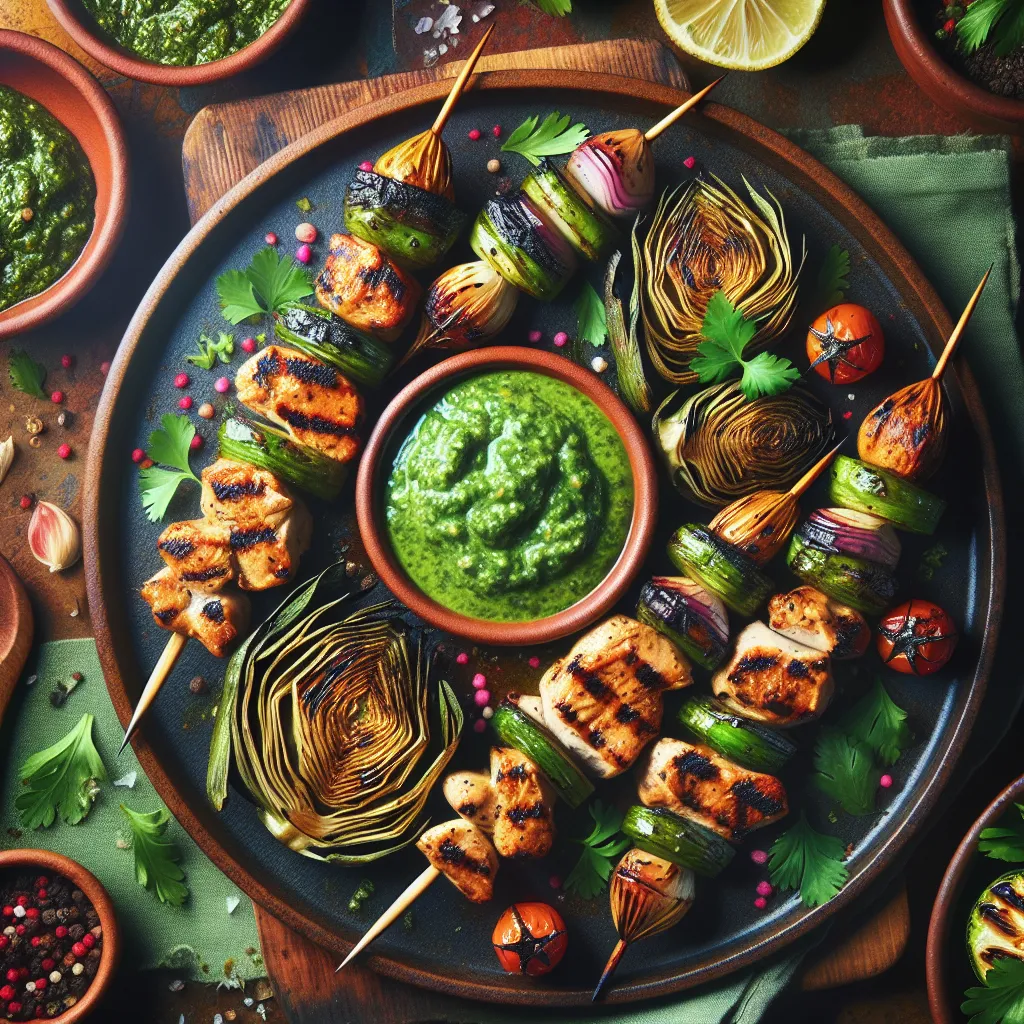 Grilled Artichoke and Chicken Skewers with Chimichurri Sauce