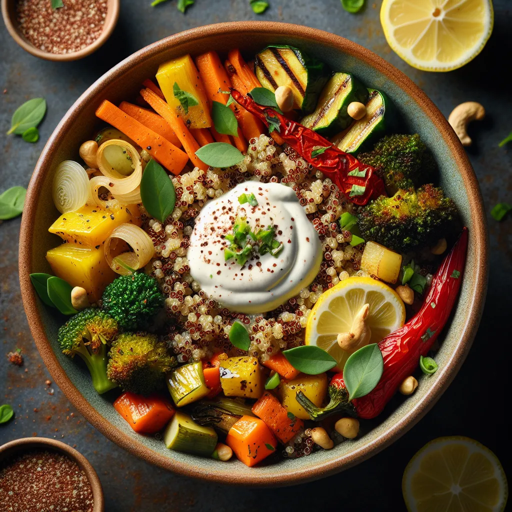 Warm Quinoa Bowl with Roasted Vegetables and Cashew Cream